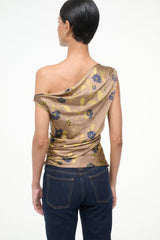 Back view of draped one-shoulder silk top with vintage floral print and gathered center