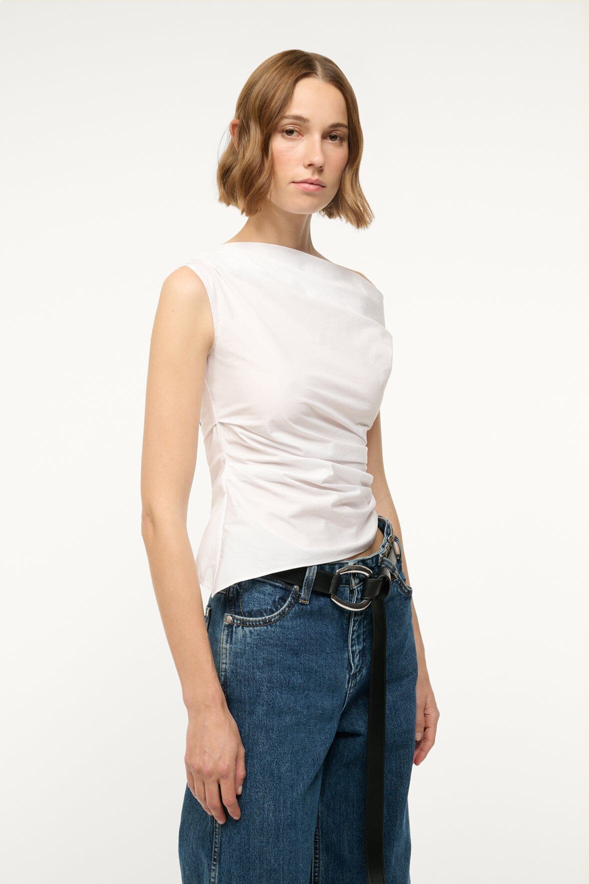 PHARE white one-shoulder draped sleeveless top, side view