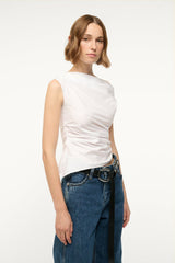 PHARE white one-shoulder draped sleeveless top, side view