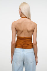 Back view of ruched halter top in cocoa-brown with gathered mid-back