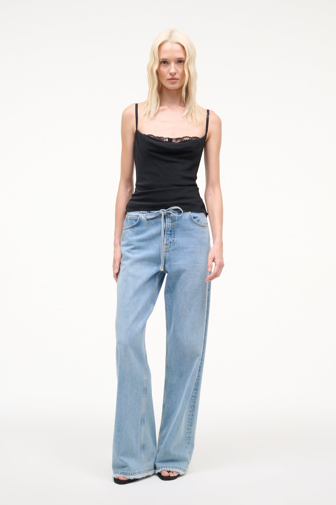 Black silk camisole top with lace neckline, spaghetti straps, straight hem