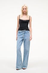 Black silk camisole top with lace neckline, spaghetti straps, straight hem