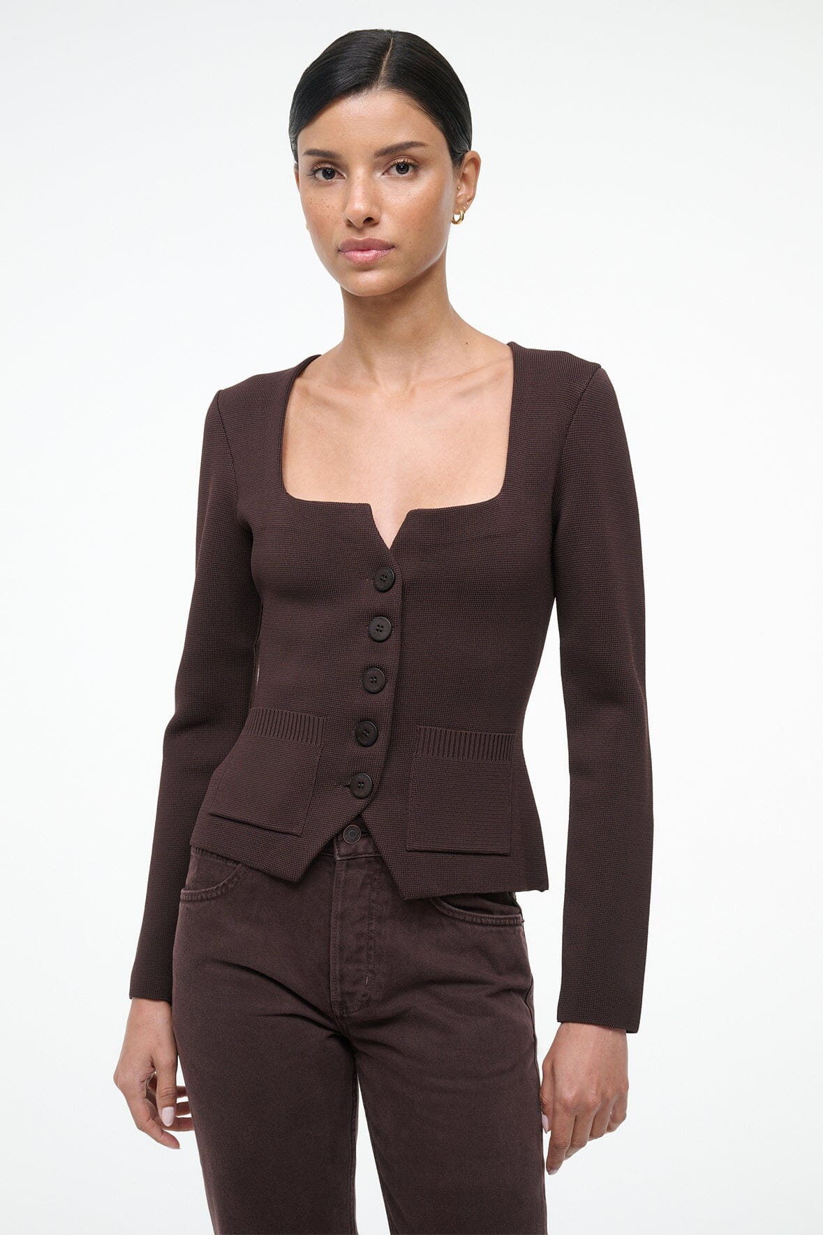 Dark brown long-sleeve square-neck top with button placket and waist flap pockets