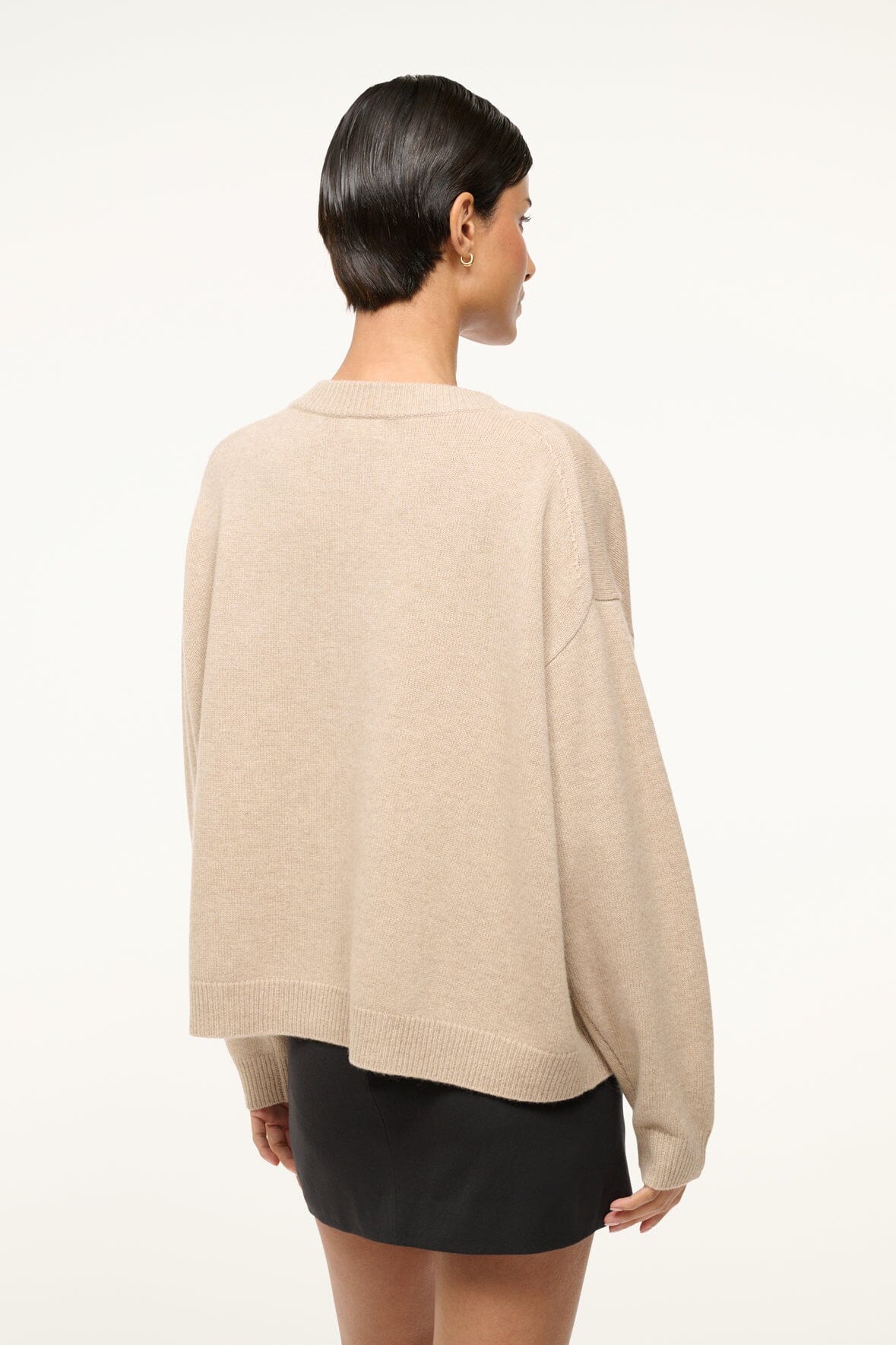Stone relaxed cashmere crewneck sweater, back view with ribbed hem and cuffs