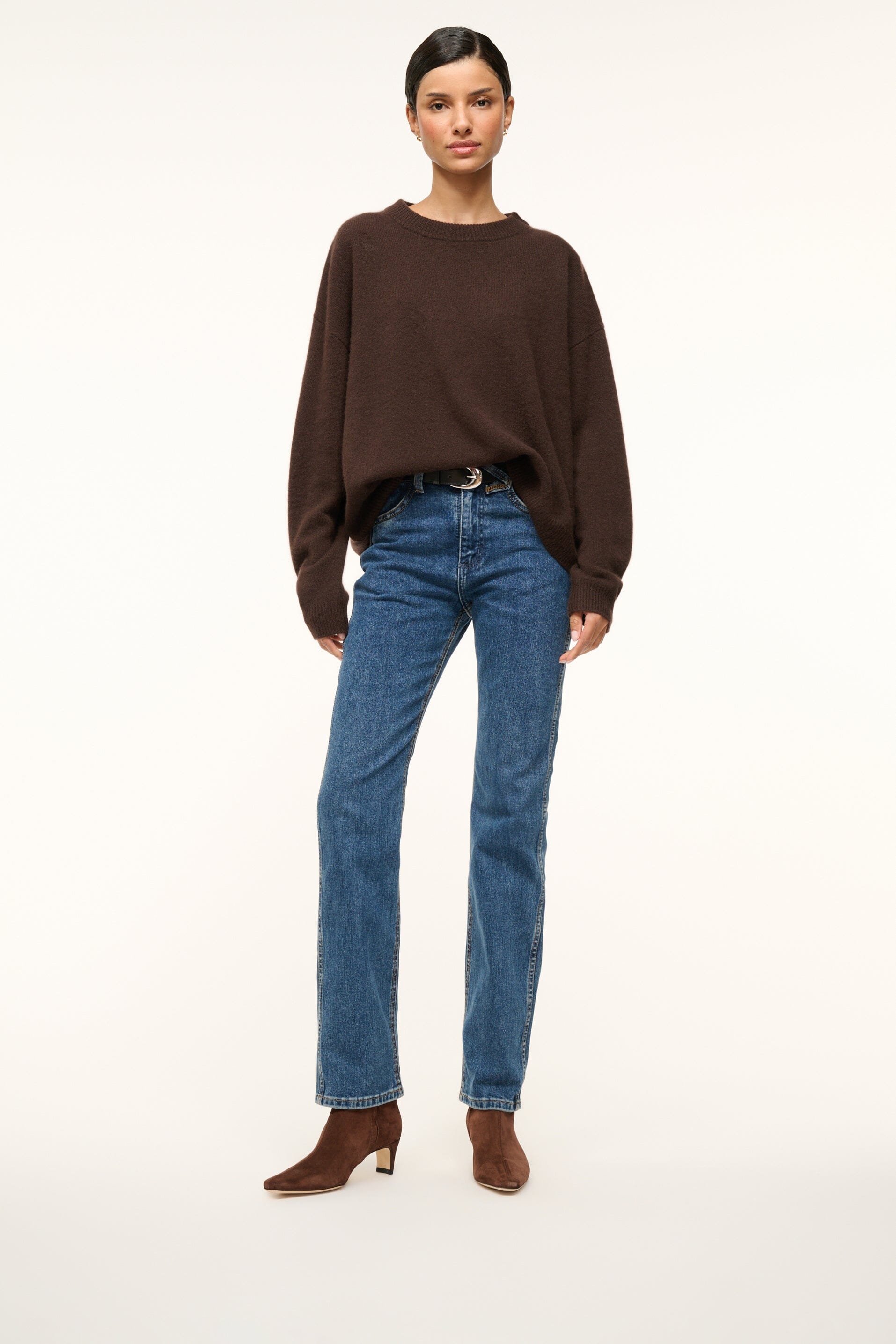 Mahogany suede ankle boot worn with blue jeans; side gore and block heel