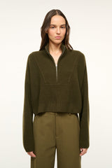 Olive cashmere half-zip cropped sweater with ribbed collar, long sleeves