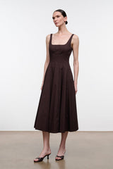 Dark brown sleeveless midi dress with fitted bodice and flared pleated skirt