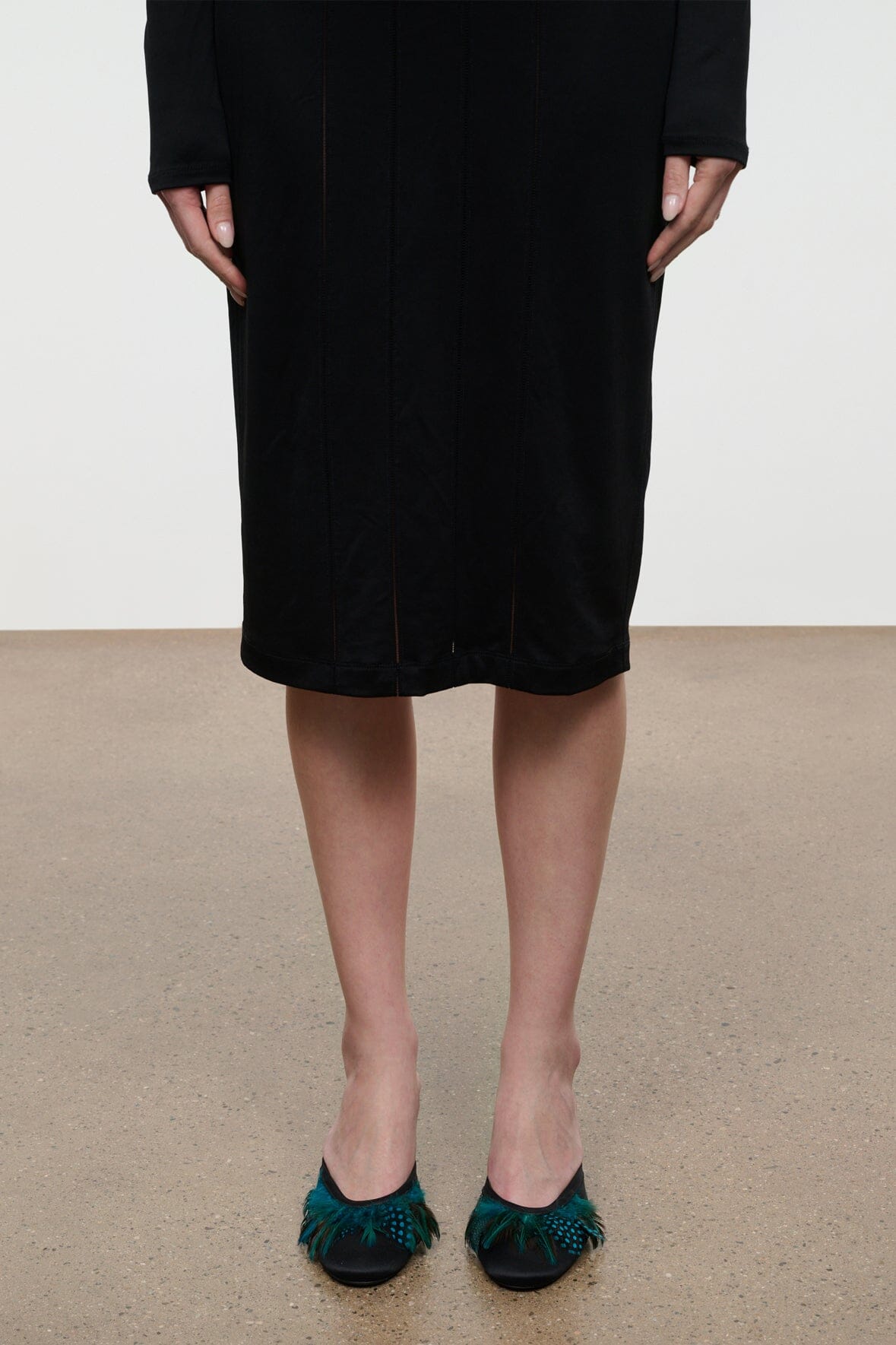 VELA backless black mule shoes with teal textured top, slip-on comfort