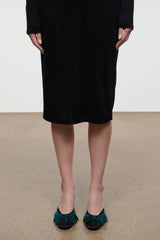 VELA backless black mule shoes with teal textured top, slip-on comfort