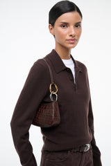 Brown croc-texture shoulder bag with gold rings and short strap