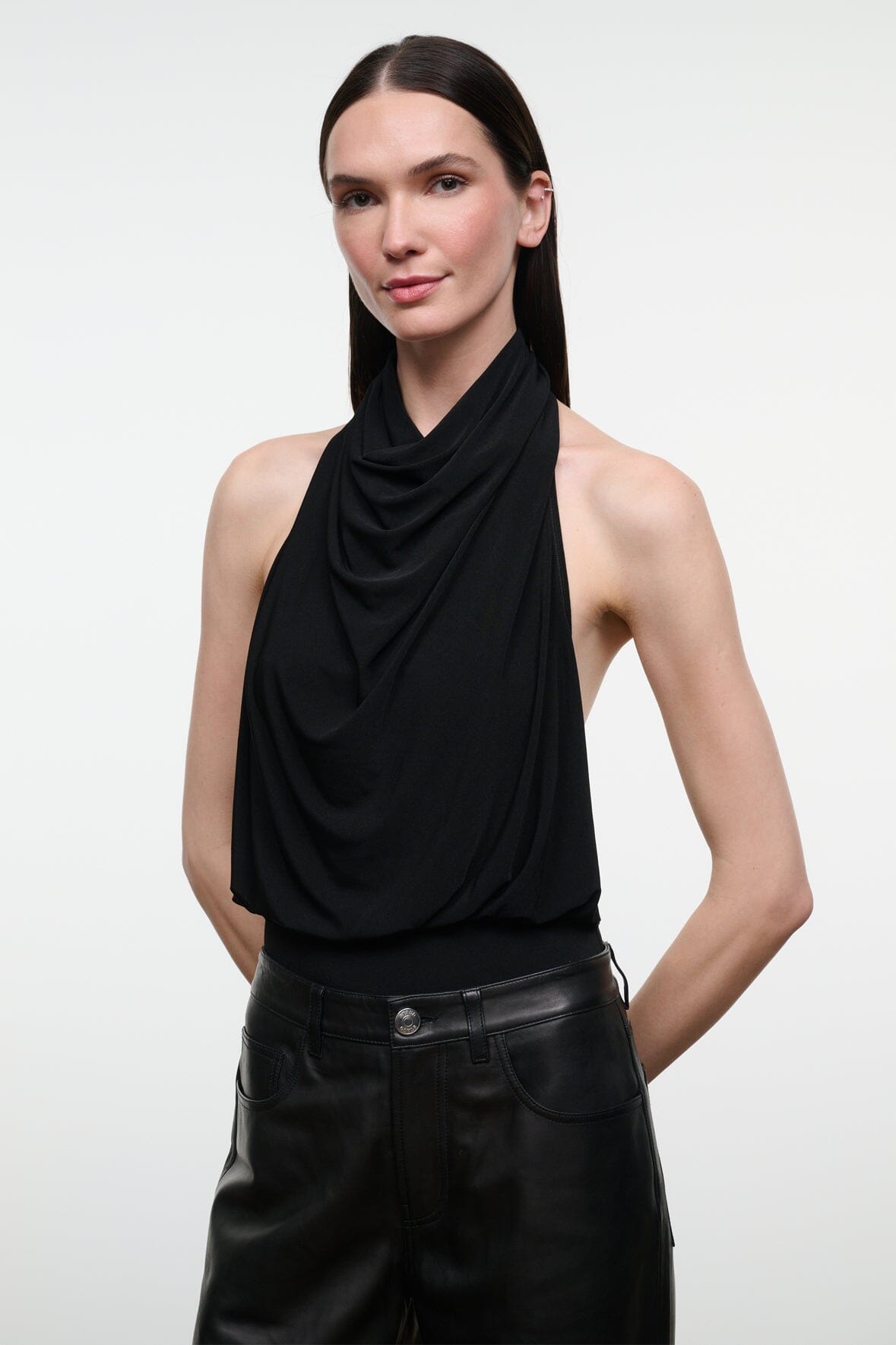 MONAY black halter bodysuit with draped cowl neckline, fitted sleeveless