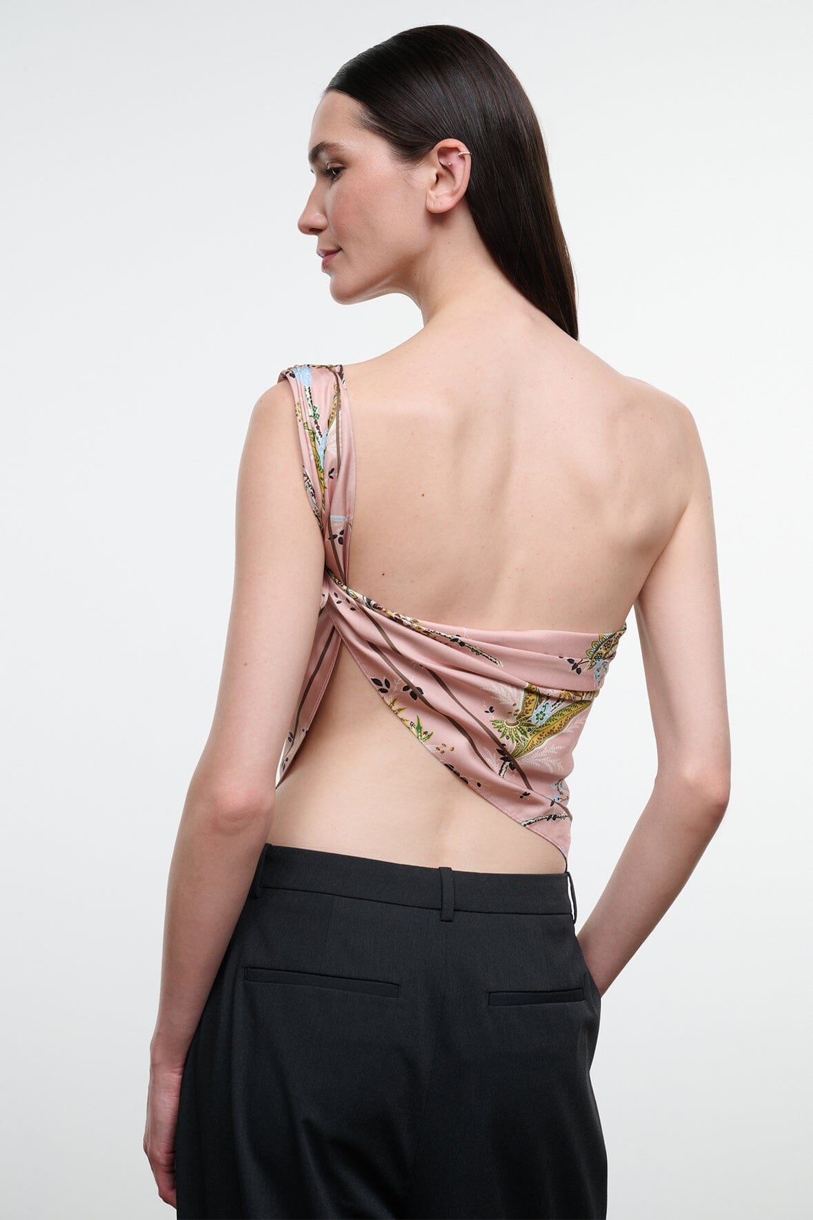 Silk scarf draped as back top in pink floral paisley print, green and gold accents.