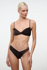 Dark espresso ruched bikini top with twisted V front and thin spaghetti straps