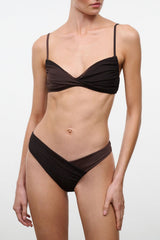 Dark brown ruched bikini bottom with crossover front detail and moderate coverage