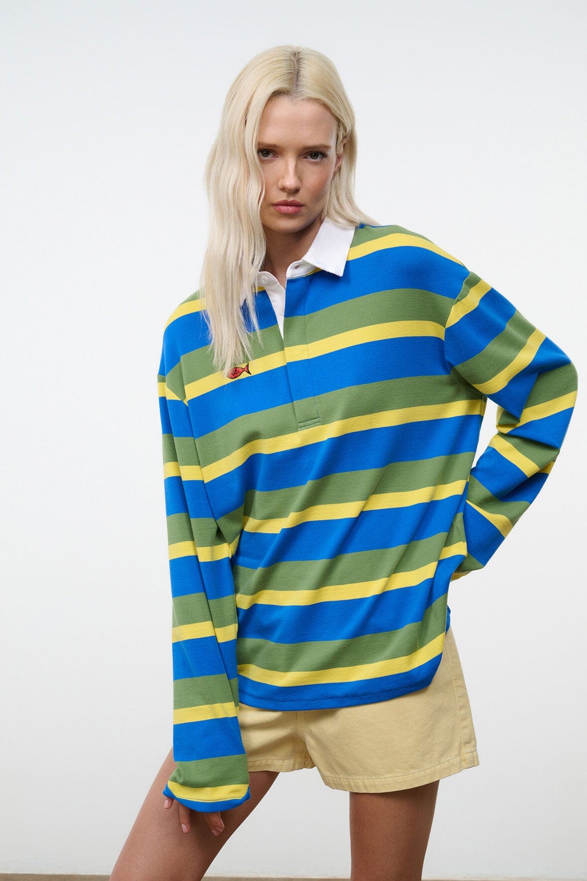 Striped long-sleeve shirt with white collar and blue, green, yellow horizontal stripes
