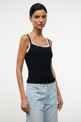 Black sleeveless tank top with white lace-trim scoop neckline