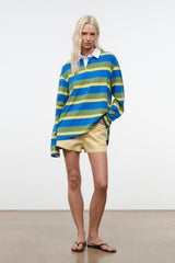 Striped button-up shirt with white collar, long sleeves, blue green yellow stripes
