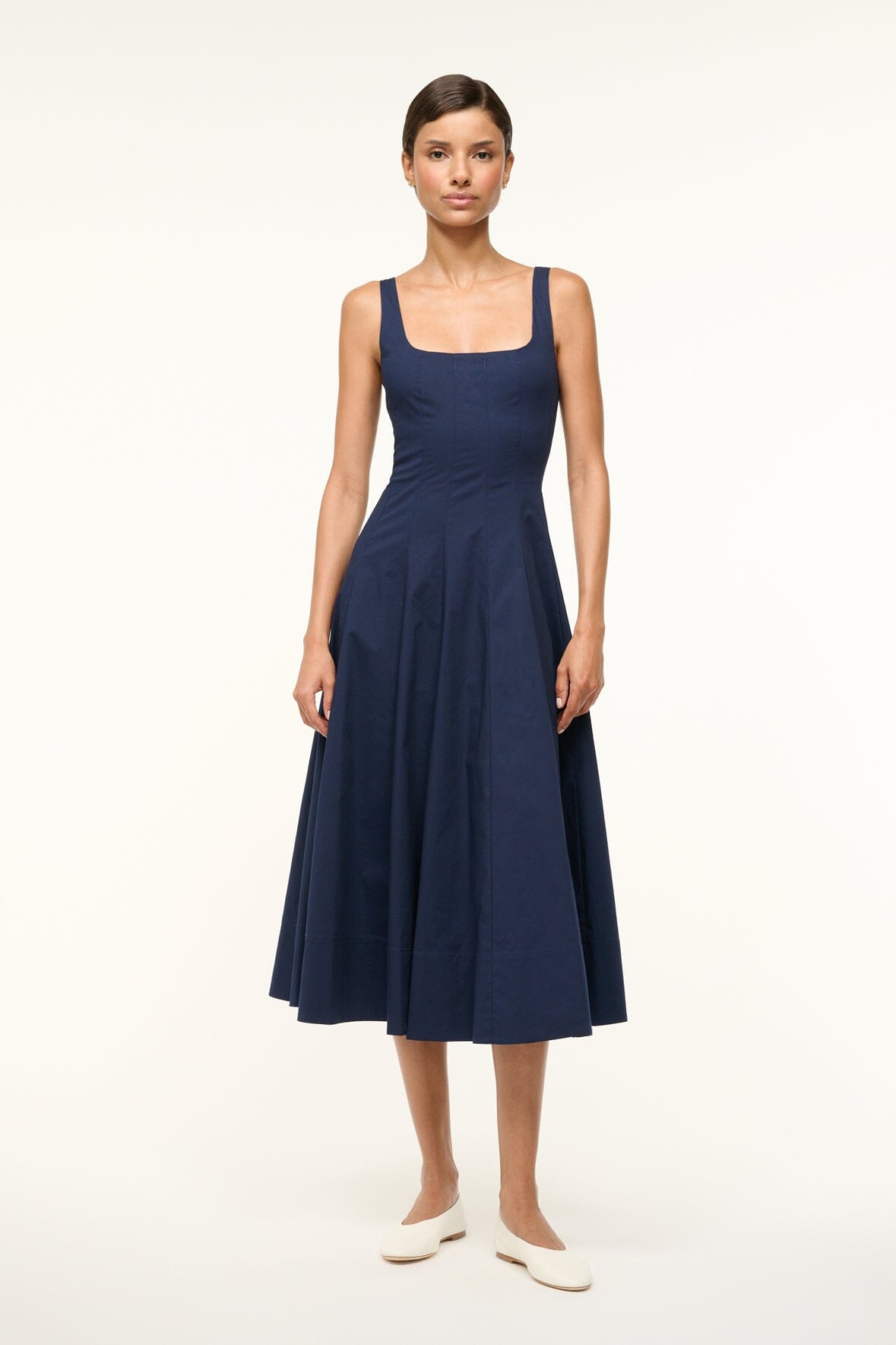 Navy sleeveless fit-and-flare midi dress with square neckline and pleated skirt