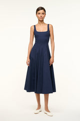 Navy sleeveless fit-and-flare midi dress with square neckline and pleated skirt