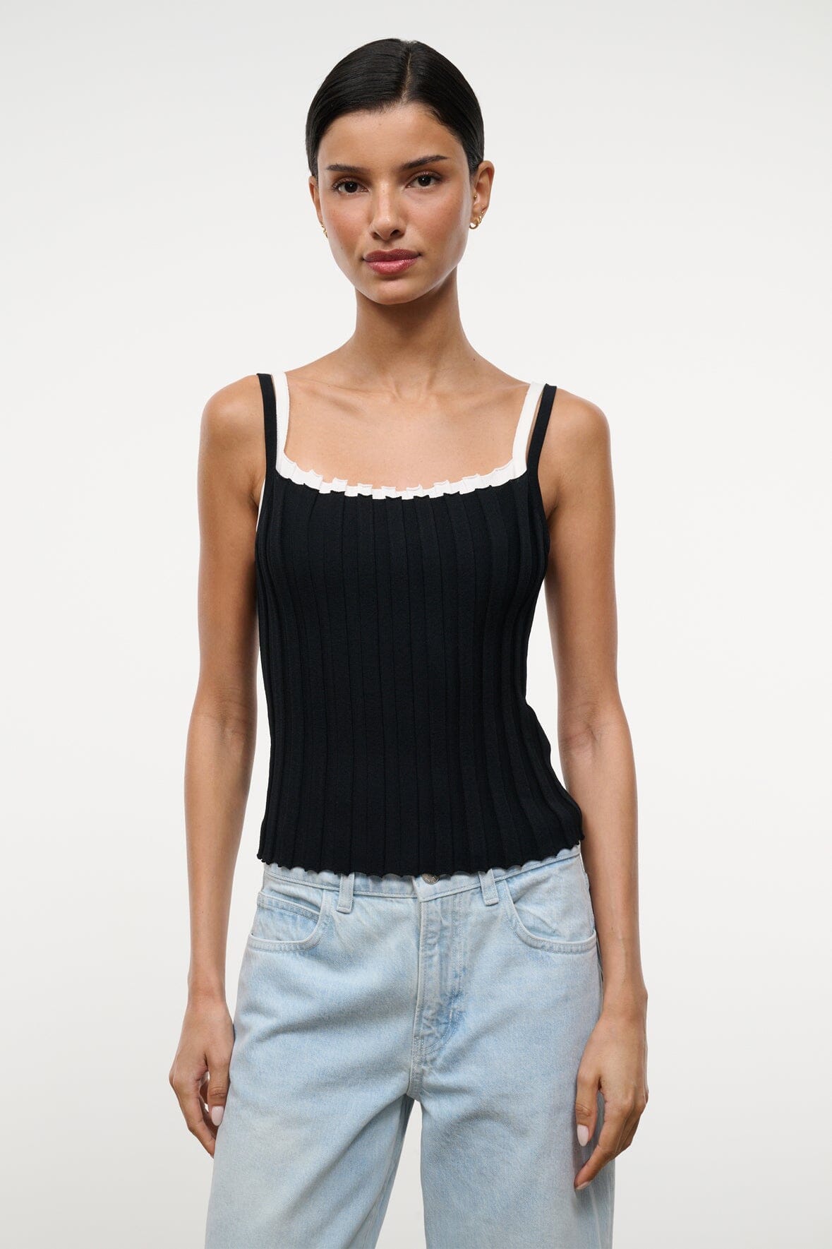 Black ribbed tank top with white lace-trim square neckline and slim straps