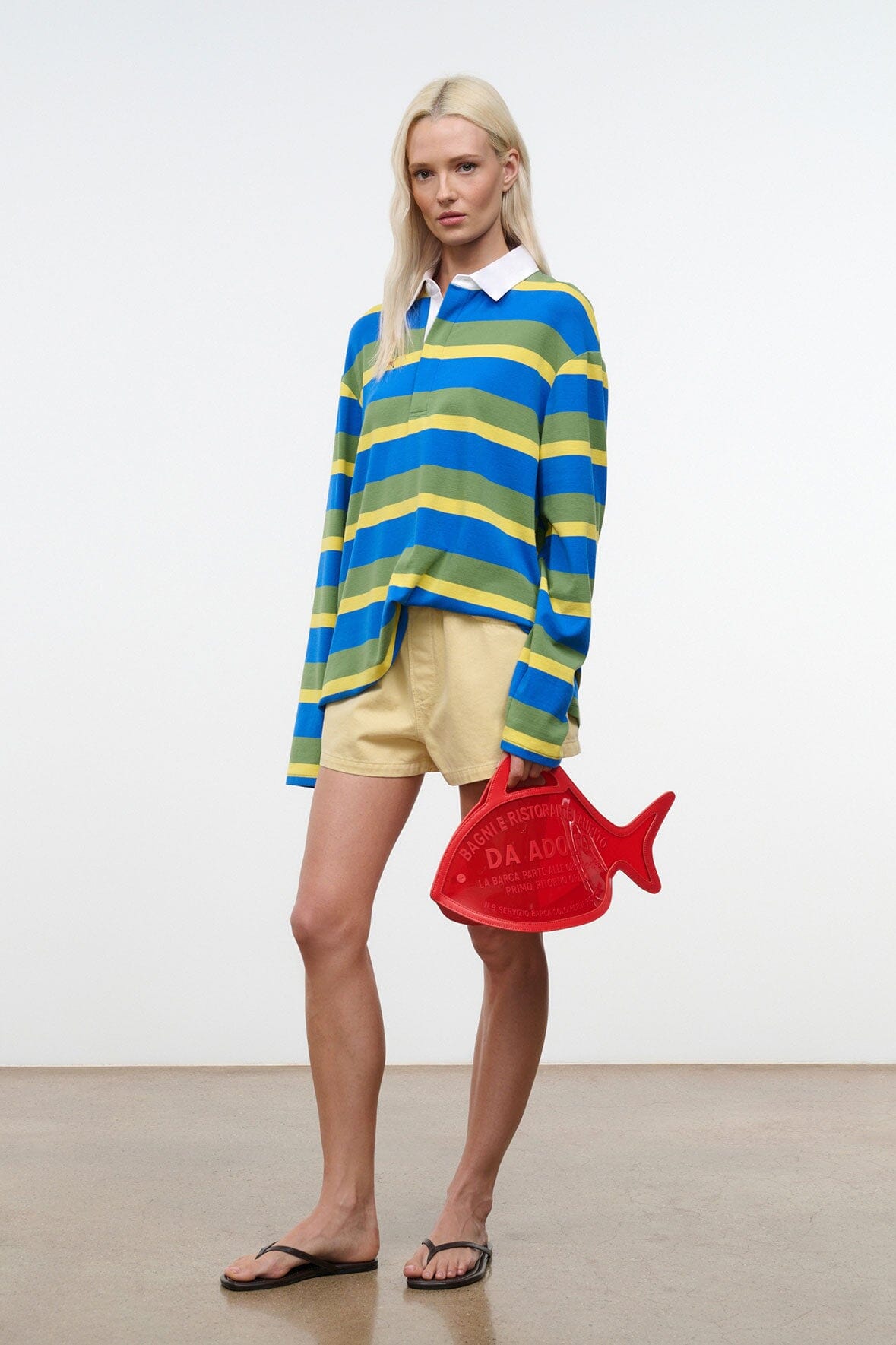 Striped shirt with white collar and blue green yellow horizontal stripes