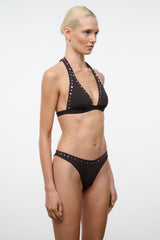 Dark V-neck halter bikini top with silver stud trim