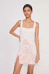 Ivory mini sundress with pink cherry blossom toile print, square neckline, tassel hem