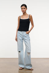 Black sleeveless lace-trim tank top with square neckline and fitted shape