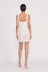 Ivory mini sundress with pink print, square back, tassel trim hem