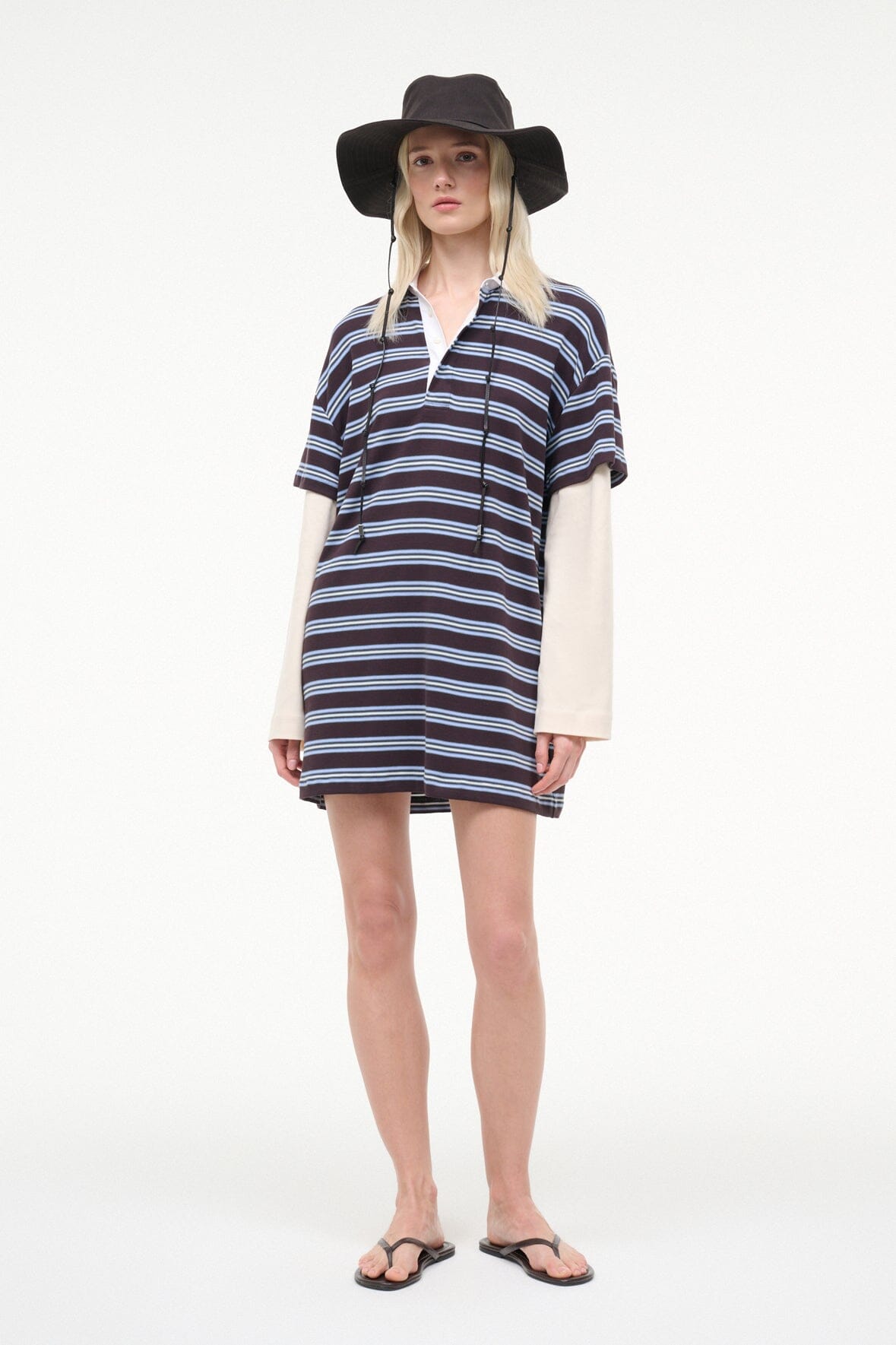 Dark brown bucket hat and striped shirt outfit, wide brim and chin strap cords