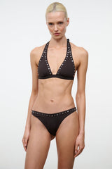 Dark halter bikini top with deep V neckline and silver stud trim, adjustable straps