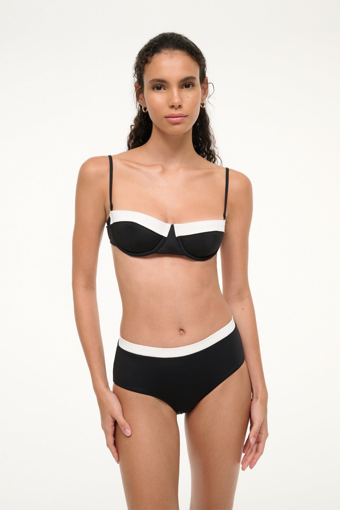 Black balconette bikini top with white band and thin straps, front view