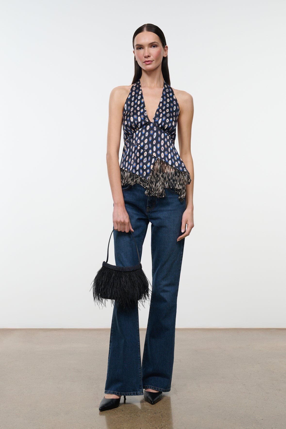 MAEVA silk halter top with navy multicolor print and fringe hem