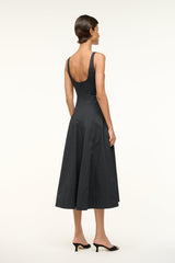 Black sleeveless midi dress with open square back and gathered pleated skirt