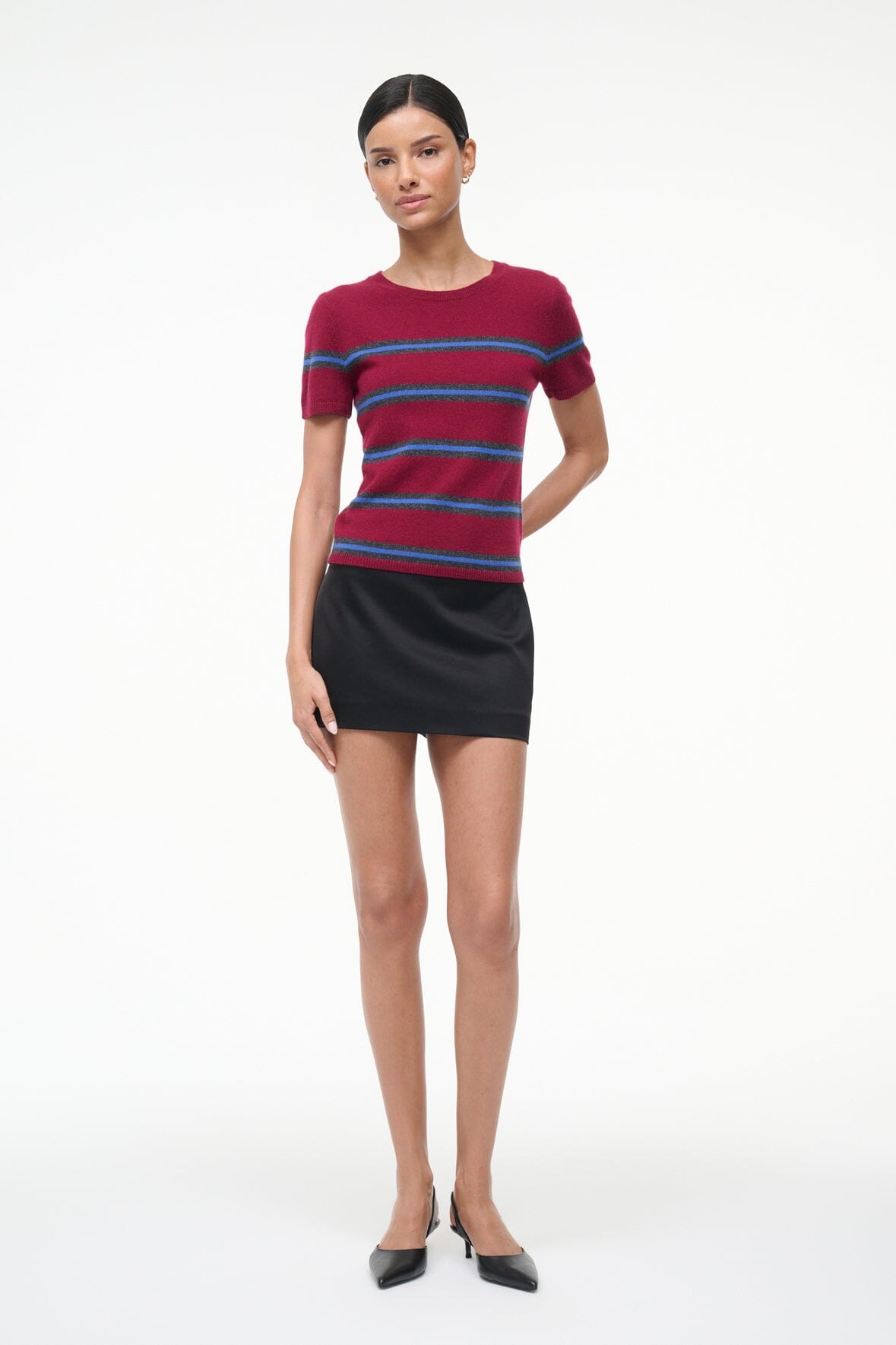 Crimson cashmere tee with navy and blue horizontal stripes, crew neck short sleeves