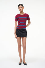 Crimson cashmere tee with navy and blue horizontal stripes, crew neck short sleeves