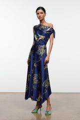 Navy silk midi dress with gathered off-shoulder neckline and gold tapestry motifs