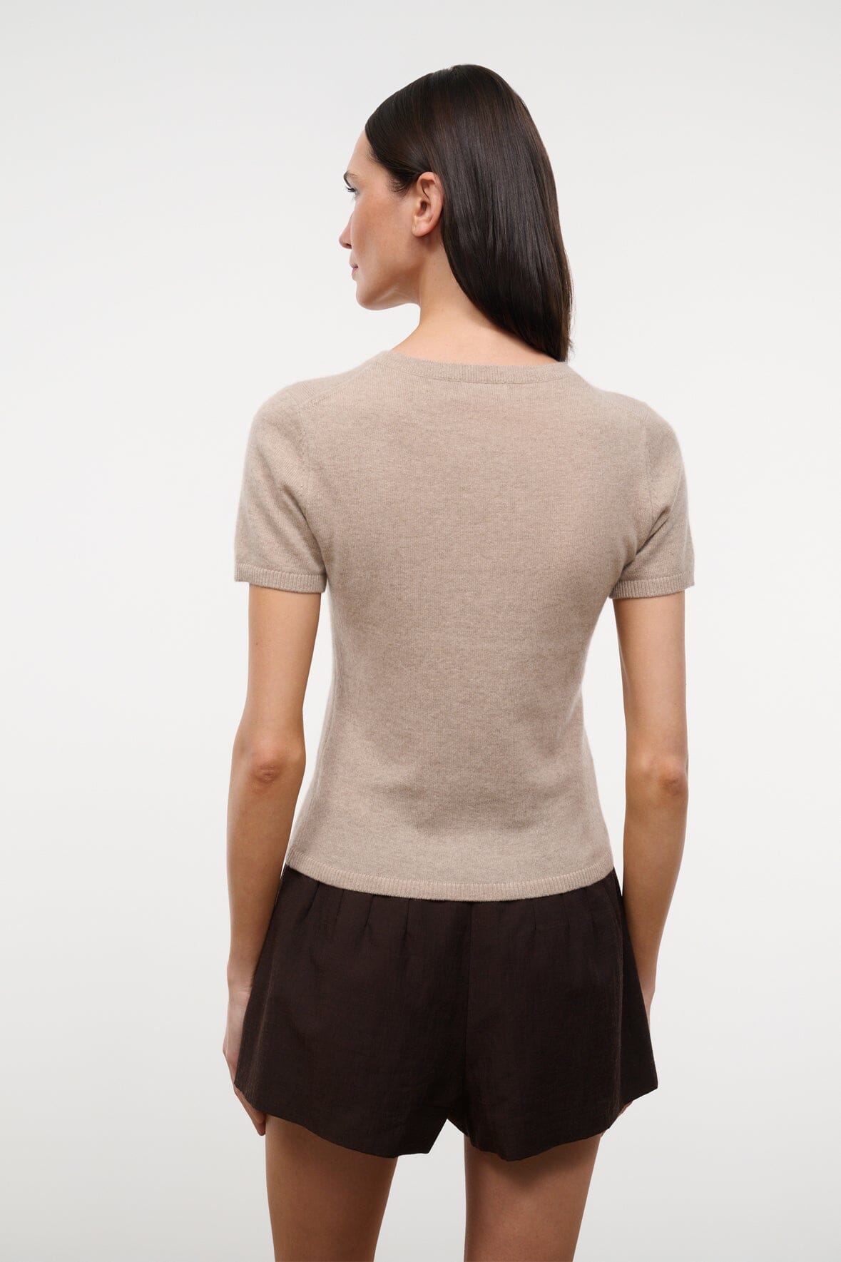Stone beige cashmere tee with crew neck and short sleeves, back view