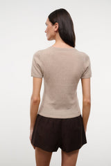 Stone beige cashmere tee with crew neck and short sleeves, back view