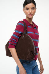Espresso suede satchel bag with top handles and front zipper pocket