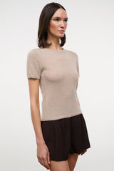 Stone beige cashmere tee with crew neck and short sleeves, front view