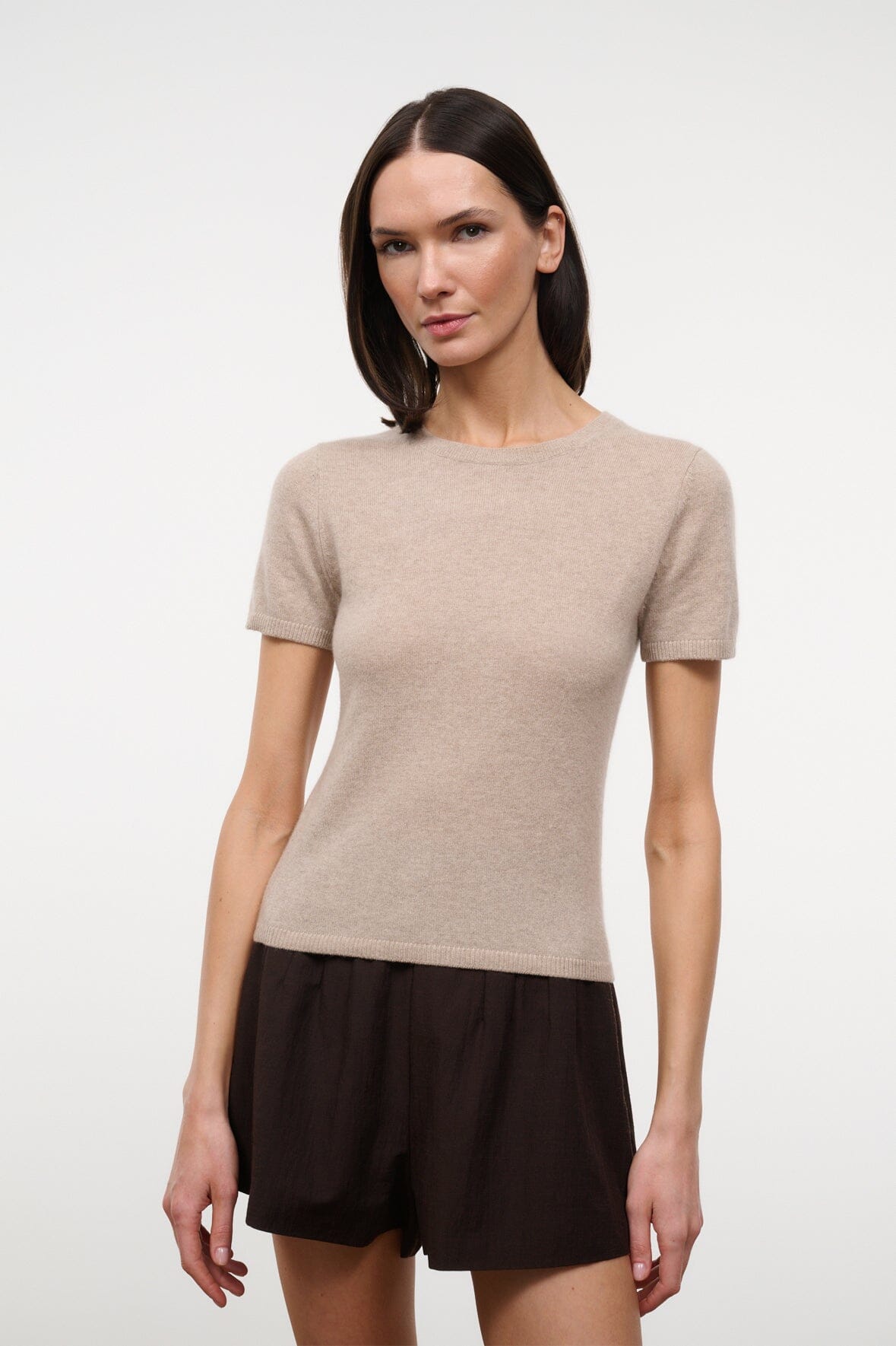 Stone beige cashmere tee with crew neck and short sleeves, front view