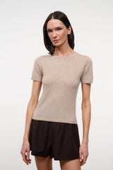 Stone beige cashmere tee with crew neck and short sleeves, front view