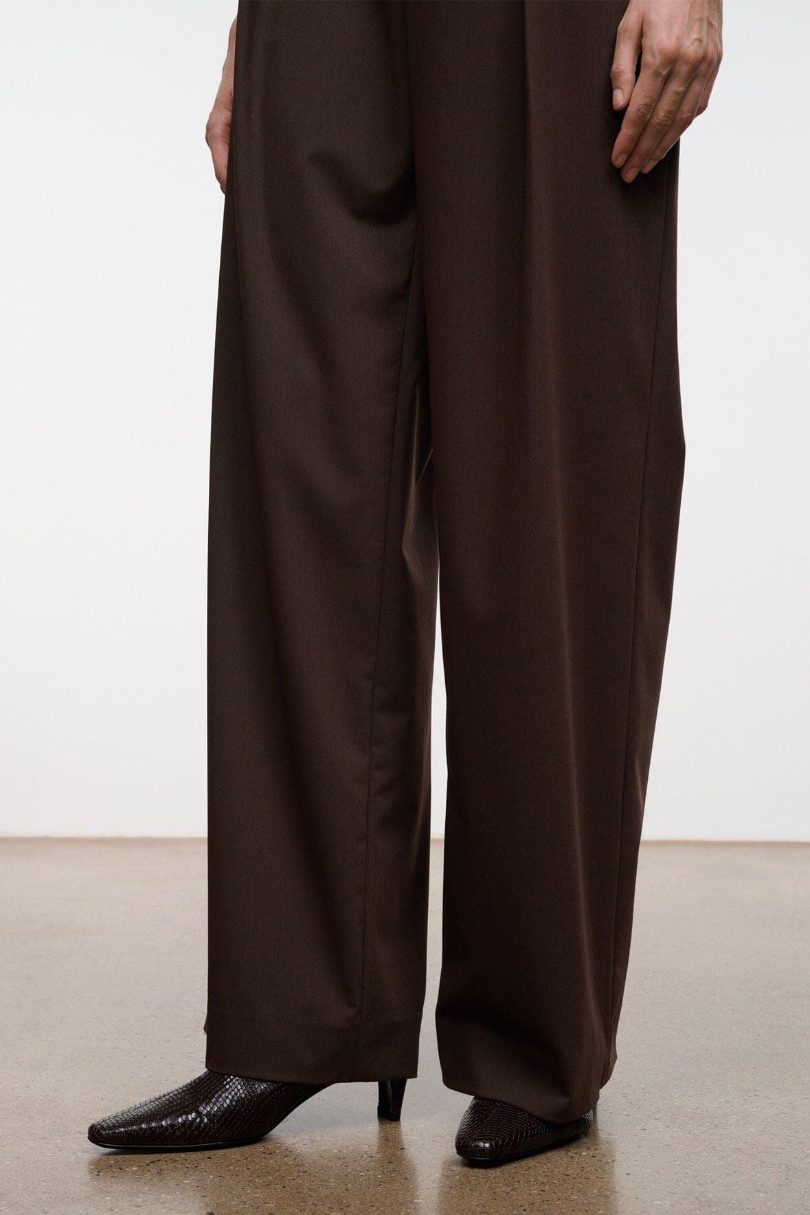 Dark brown ankle boots with pointed toe and subtle snake pattern; wide-leg trousers