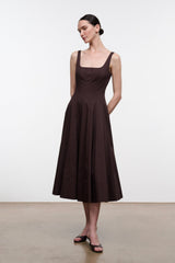 Dark brown sleeveless midi dress with square neckline and gathered, flared skirt