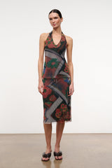 LUCIA skirt midi length with tie waist, dark sheer overlay, and beaded floral motifs