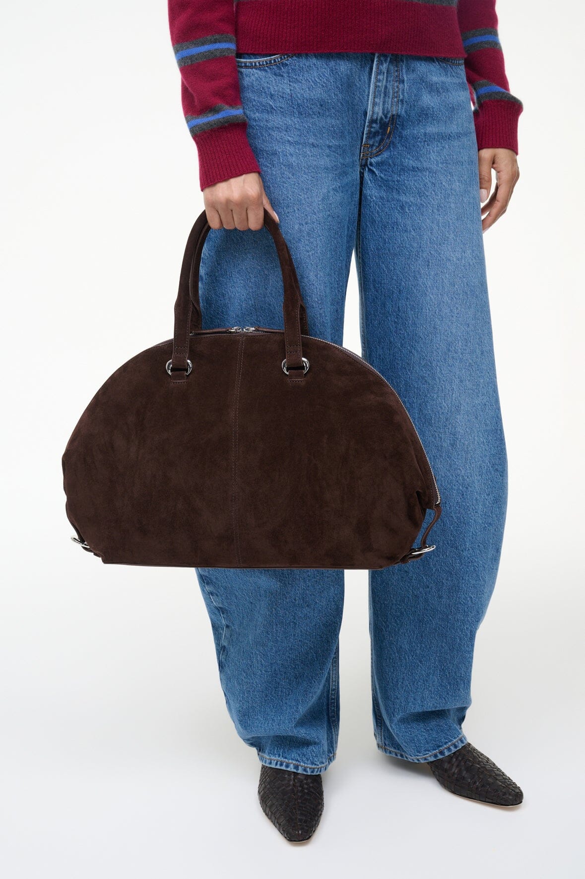 Espresso suede satchel bag with double handles and side zipper detail