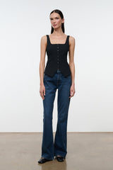 Black sleeveless square-neck tank with button-front detail and curved hem