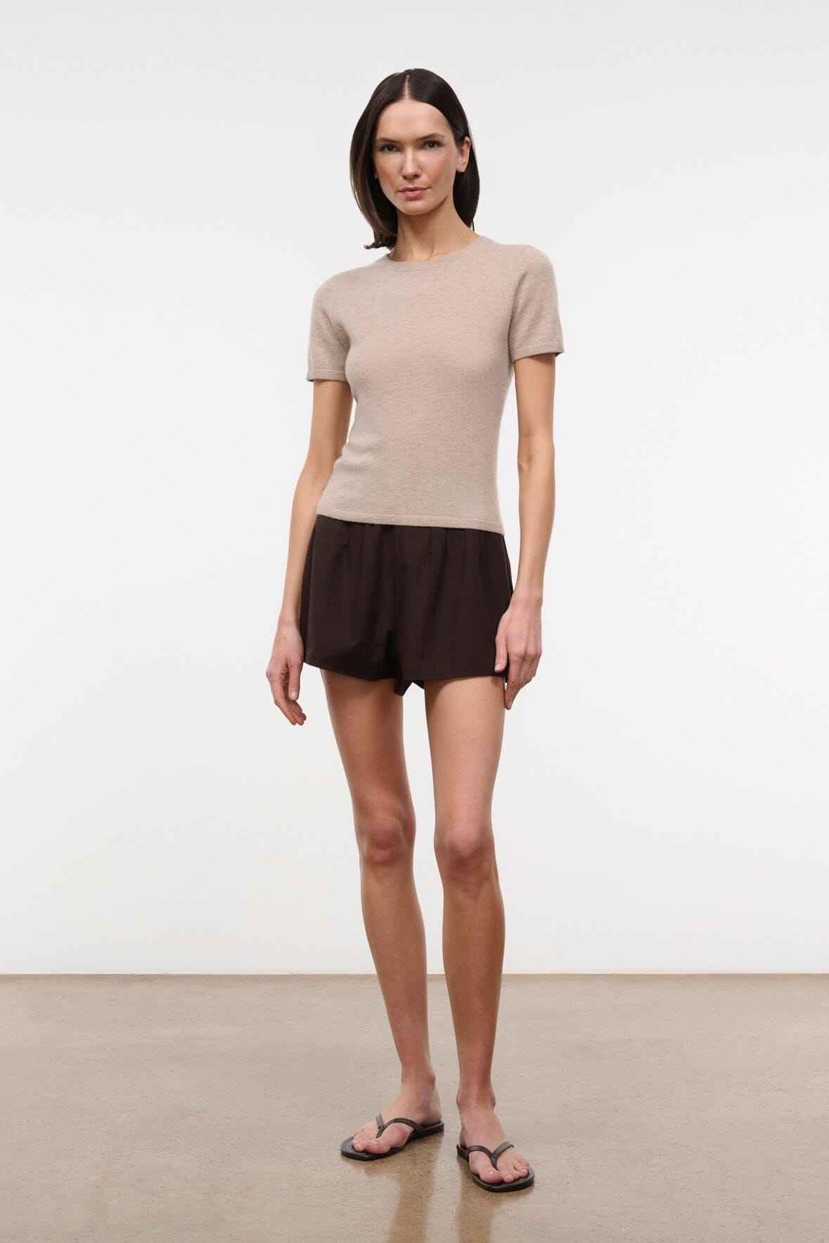 Stone beige cashmere tee with crew neck and short sleeves, full front view