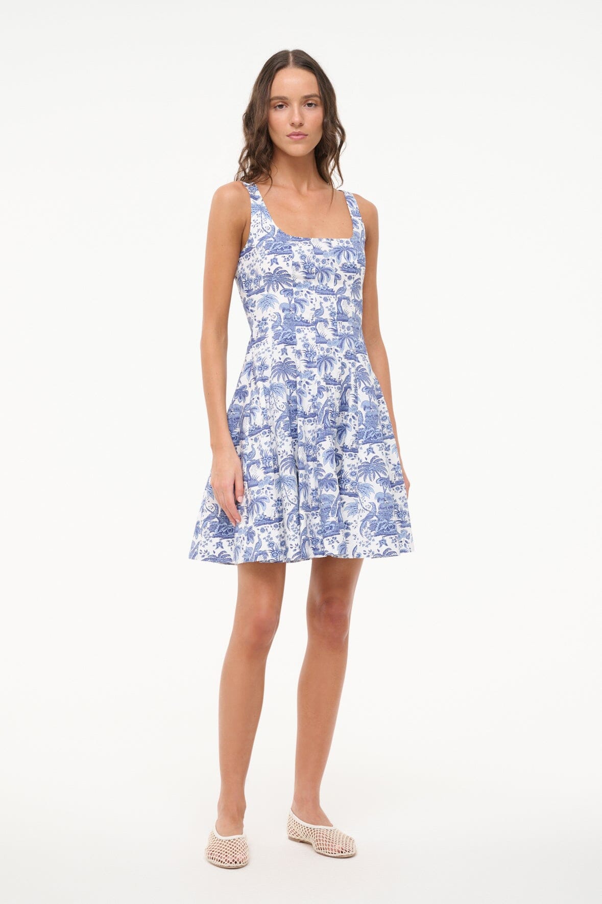 Blue toile mini dress with square neckline and fitted bodice